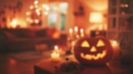 Cozy Halloween-themed living room with a glowing pumpkin and soft lighting during an evening call