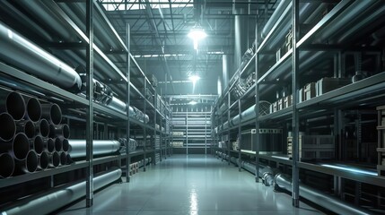 Obraz premium Industrial Warehouse with Metal Pipes and Parts on Shelves