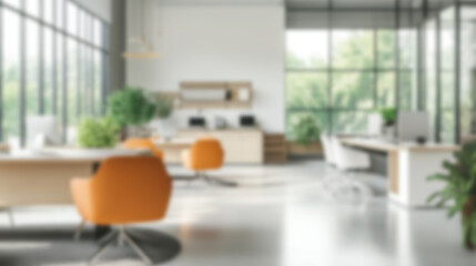 Bright office space with blurred video call background depicting modern workspace dynamics