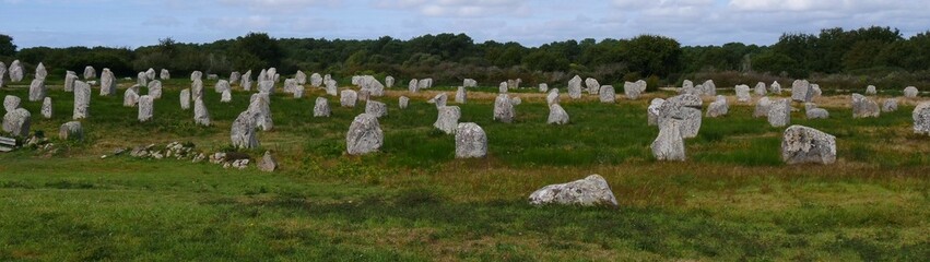 Many scattered  dolmens on a meadow against a wooded background in Carnac, probably around 7000...