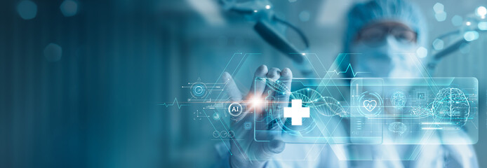 Medical technology, doctor use AI robots for diagnosis checking brain testing result of increasing accuracy patient treatment in future. Medical development technology to improve patient health.