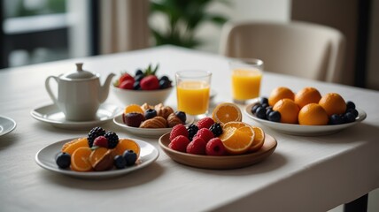 A table set with orange juice, fruit, and pastries for a healthy and delicious breakfast.