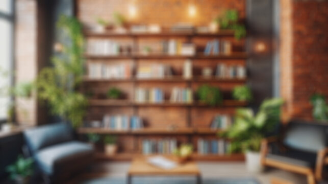 A blurred video call background in a contemporary loft with exposed brick and plants