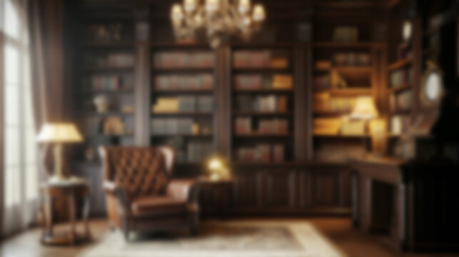 A serene video call in a blurred elegant library room with dark wood bookshelves and warm lighting