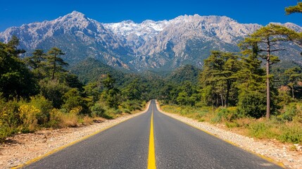 Fototapeta premium Scenic road leads through lush trees towards majestic mountains in blue sky.