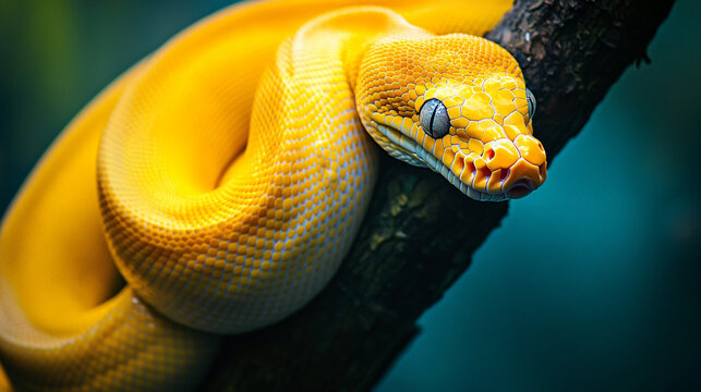A bright yellow python coiled around a branch