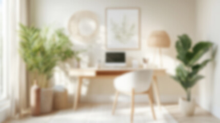 A modern Scandinavian workspace featuring a light wood desk with plants and a blurred background