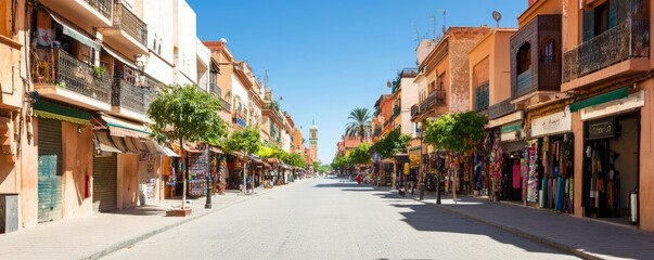 Fototapeta premium Vibrant street view of a sunny marketplace with shops and palm trees, clear blue sky.