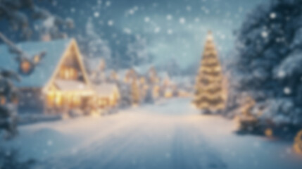 A cozy Christmas village illuminated by soft lights in a snowy winter wonderland