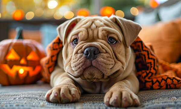 A wrinkled puppy snuggles under a colorful blanket with a glowing jack-o'-lantern nearby, creating a warm autumn ambiance perfect for Halloween festivities