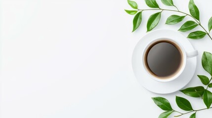 Coffee cup with fresh leaves on a white background.