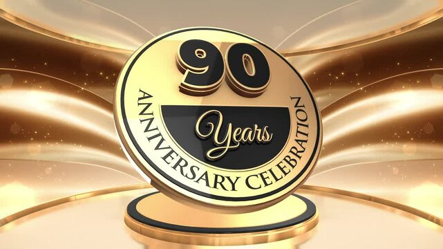 90 years, 90th anniversary logo loop, looped video background, backdrop in 3D Gold 