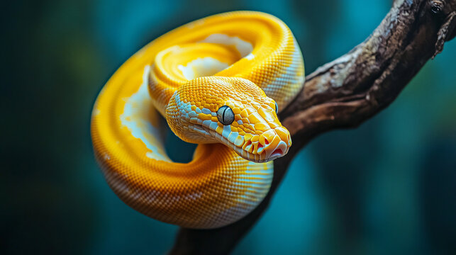 A bright yellow python coiled on a branch