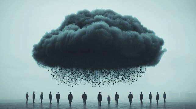 Dark Cloud of Layoffs: A large dark storm cloud hanging over a cityscape, with human figures floating up toward it, representing how layoffs rise