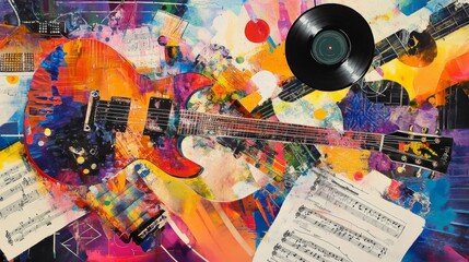 Abstract art with guitar, vinyl record and sheet music.