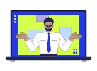 African american office manager laptop screen 2D cartoon object. Corporate boss hosting online meeting notebook device isolated element flat vector clipart on white background. Spot illustration