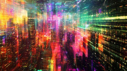 Abstract city skyline with neon lights and digital effects.