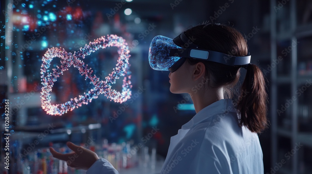 Poster a scientist using a vr headset to visualize molecular structures in a lab setting.