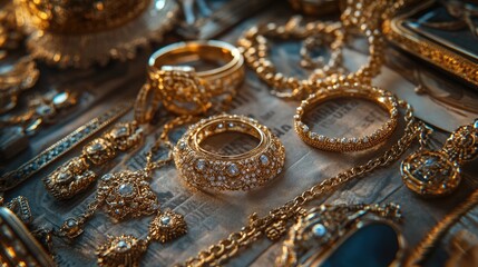 Close-up shot of sparkling gold jewelry. Perfect for websites, articles, and social media posts about luxury, wealth, and fashion.