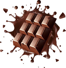Realistic milk chocolate bar with splash and sprinkles. Vector composition Melting liquid fluid crown drops. Isolated on background. Vector illustration. Gradient Mesh