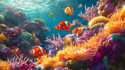 63. A coral reef close-up, featuring a variety of sea life such as starfish, clownfish, and sea anemones in a colorful underwater world