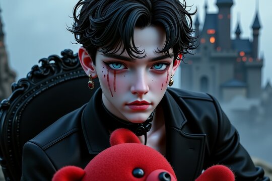 Portrait of a young person with artistic face paint, holding a red teddy bear, in a contemplative expression.