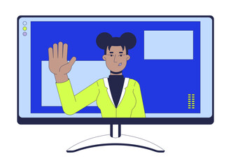 African american female employee computer monitor 2D cartoon object. Waving hand black woman videoconference pc screen isolated element flat vector clipart on white background. Spot illustration
