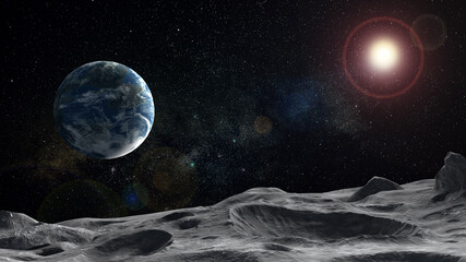 Moon surface terrain with planet earth in the space, 3d render