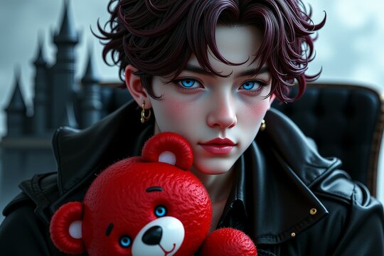 Portrait of a young person with artistic face paint, holding a red teddy bear, in a contemplative expression.