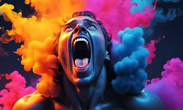 Witness a stunning display of raw emotion as a figure releases a primal scream surrounded by an explosion of vibrant colors. The dramatic atmosphere captures the essence of passion and intensity