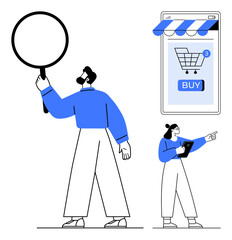 Two characters explore online shopping. One holds a magnifying glass, the other a tablet, pointing at a large mobile screen with a buy button and shopping cart. Ideal for e-commerce, technology