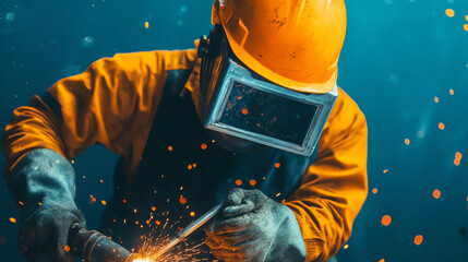 A skilled welder in an orange helmet and protective gear, engaged in welding work under bright lights, with sparks flying against a dark blue background.