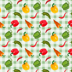 Pattern with colorful peppers.Vector seamless pattern with multi-colored peppers on a colored checkered background.
