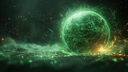 Obraz premium Glowing Green Sphere in a Mystical Atmosphere