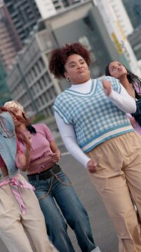 Outdoor, dance and group of people in street for creative performance, rhythm and hip hope routine. Happy, friends and freedom with choreography in urban city for flash mob, groove or talent together