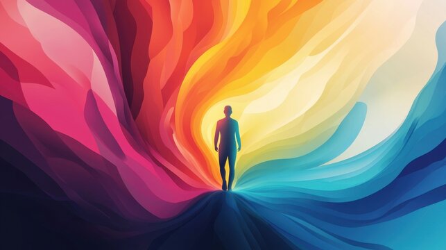 Emerging from Darkness: A figure stepping out of a dark cave into a bright, colorful world filled with abstract shapes, representing personal growth after overcoming challenges