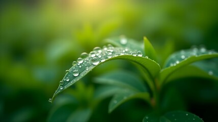 Macro photography of morning dew on leaves with sharp focus on details and a blurred background