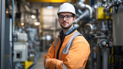 A safety-conscious worker in a factory setting, wearing protective gear and glasses, stands confidently amidst industrial machinery.