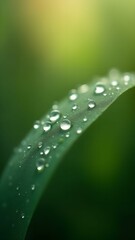Macro photography of morning dew on leaves with sharp focus on details and a blurred background