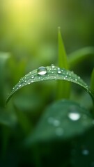 Macro photography of morning dew on leaves with sharp focus on details and a blurred background