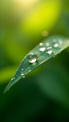 Macro photography of morning dew on leaves with sharp focus on details and a blurred background