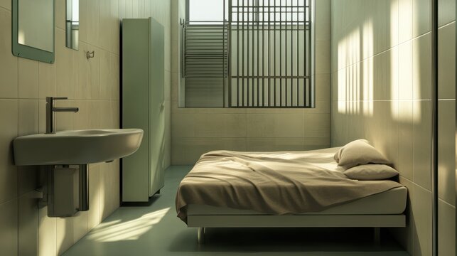 Modern prison cell interior with bed and sink