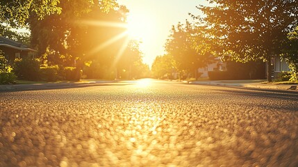 19 Overheated suburban street, shimmering heatwaves rising from the pavement, smogfilled sky above, lowangle view from ground level, muted tones, bright midday sun