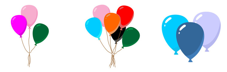 Air balloons tied in bunch, flying up. Festive decoration for party celebration, floating and soaring. Baloons with string for birthday event. Flat vector illustration isolated on white background © Subhan