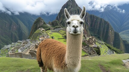 Llama standing in front of Machu Picchu, Peru, majestic Andes mountains in the background