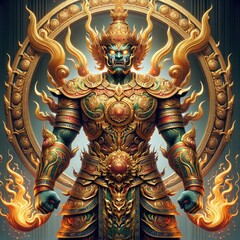 Fototapeta premium Majestic Southeast Asian Guardian: A Hyper-Realistic Depiction of a Mythical Warrior in Elaborate Armor, Wielding a Sacred Staff, Surrounded by Flames and Radiant Energy, Reflecting Traditional Artist