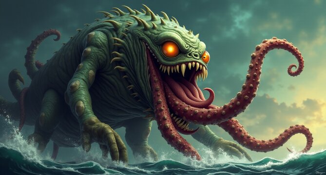 A massive Kraken-like sea monster rises from the depths, its glowing eyes and sharp teeth menacing. But its flailing tentacles are tangled in knots, leaving the creature looking frustrated as it strug