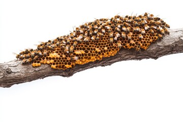 Fototapeta premium Beehive Isolated. Natural Honeycomb Structure Hanging on Tree Branch in White Background