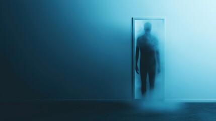 Obraz premium Fading Silhouette: A human figure made of mist or smoke slowly dissolving into the background while a door closes in front of them