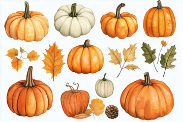 A set of autumn pumpkins, watercolor
